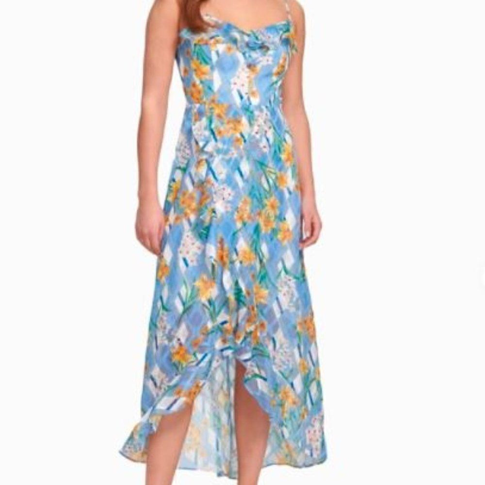 Kensie Printed Ruffled Lined Sleeveless Maxi Hi-Low Dress